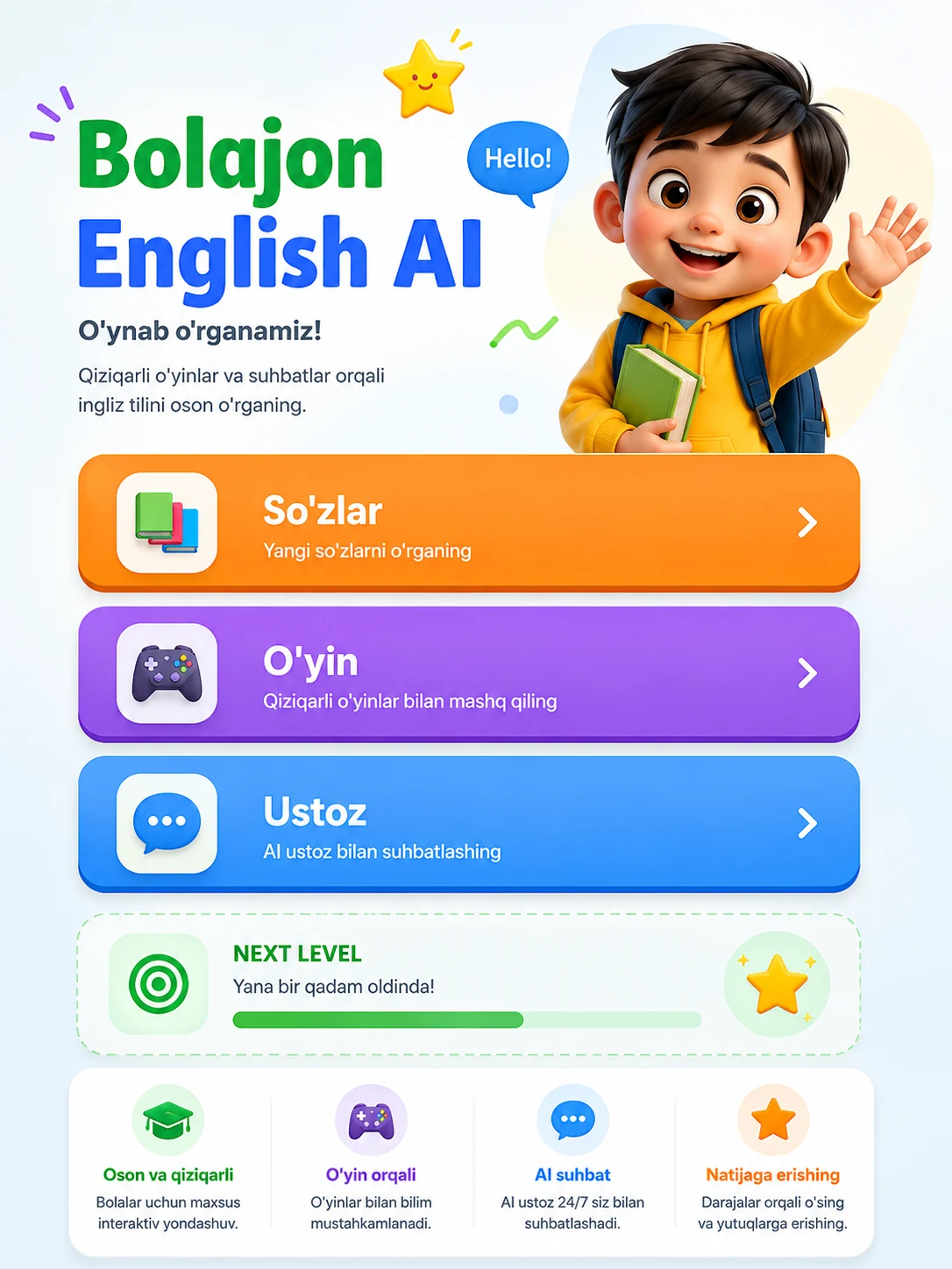 Bolajon English AI - Bolalar uchun interaktiv ingliz tili o'qituvchisi