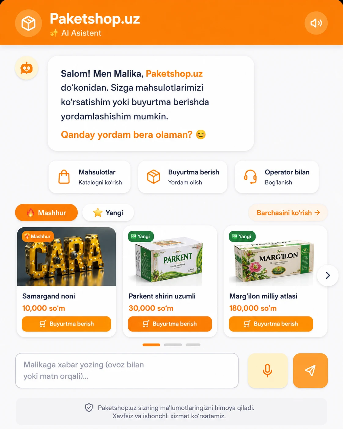 Paketshop.uz Assistant (Malika) - Qadoqlash Mahsulotlari uchun AI Sotuvchi
