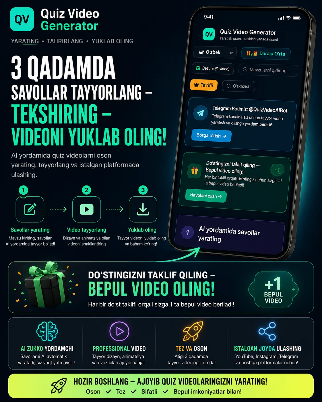 Quiz Video Generator AI - Shorts, Reels va TikTok uchun Avtomatik Video Generator