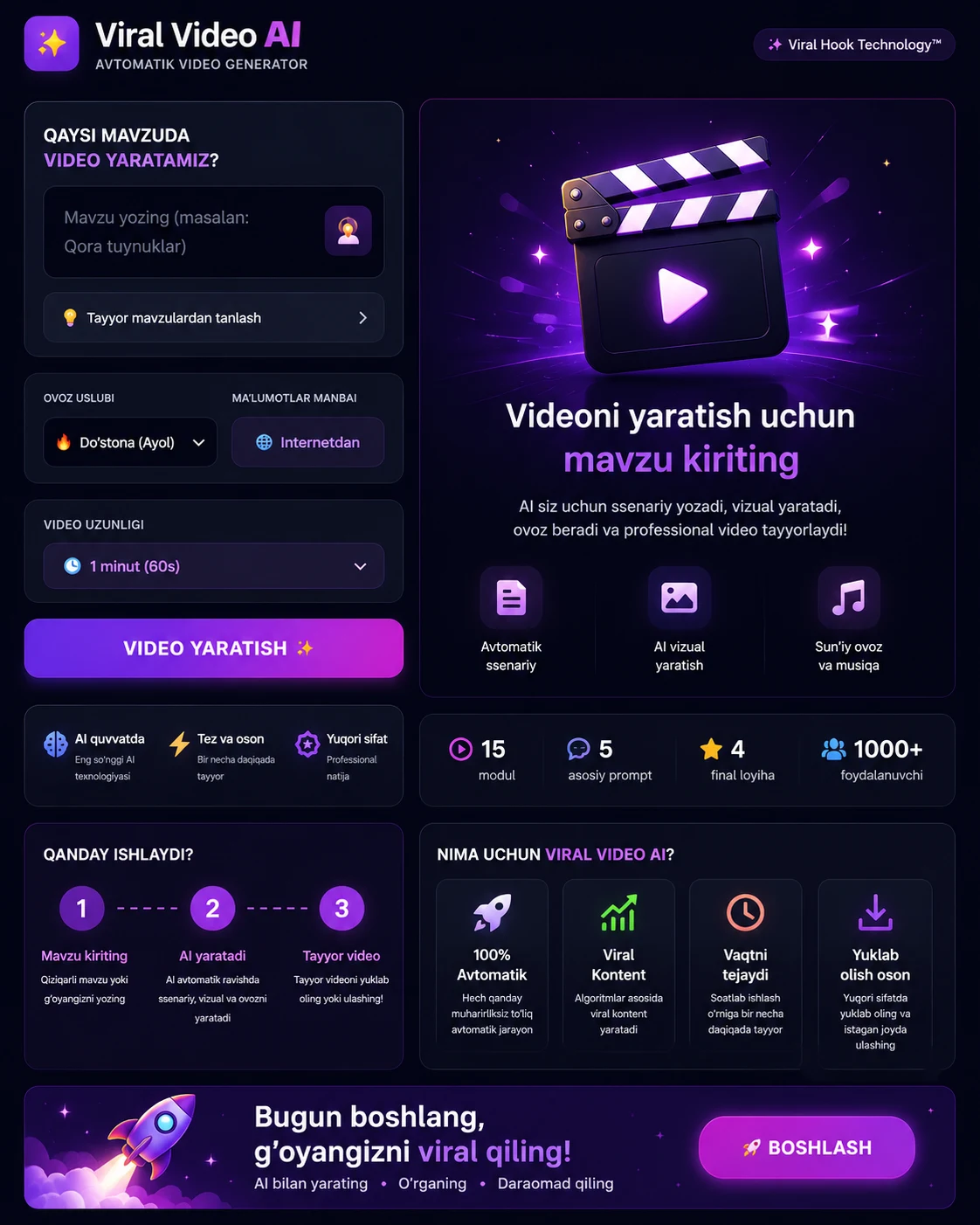 Viral AI Video - Sun'iy intellekt yordamida avtomatik video yaratish